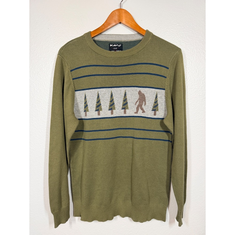 KAVU Sweater Mens S Green Bigfoot Sasquatch Pine Tree Stripe Crewneck Pullover